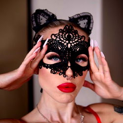 Model in Black Lace Cat Ears