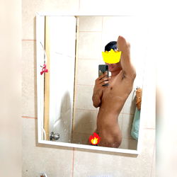 OnlyFans Model Adrian Lombardi in Striped Bathroom Mirror