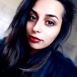 Beautiful Girl in Black Coat with Red Lipstick,