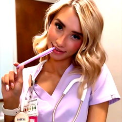 Aria, a Nurse in Onlyfans, posing with her onlyfans merchandise