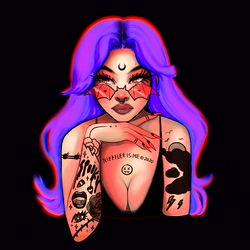 Stylized Digital Illustration of a Female With Purple Hair, Pink Goggles and Tattoos, Inking, Tattoo, Art Style, Vibrant Colors