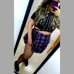 Model Ann in Blue Plaid Skirt