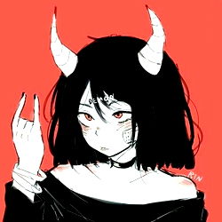 Vintage-Style Artwork of a Female Character with Horns and Red Hair