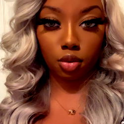 Fashionable Woman in Long Gray Hair with Red Lipstick