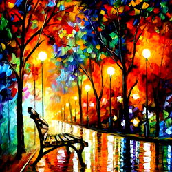 Nighttime Cityscape with Bench and Lights