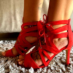 Fashionable High Heel Sandals in Red and White by Onlyfans Model Alys Feet