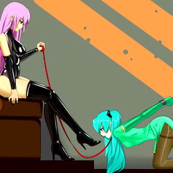 Two characters drawn in an anime style, one human and one cat-like creature, with the human character seated on a throne and holding a red string that seems to be attached to the creature's collar.