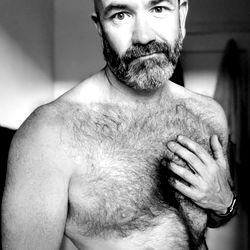 A Tattooed Chest and Beard, Unbuttoning for the Camera