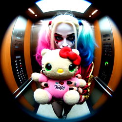Harlequin Cosplayer with Hello Kitty Teddy Bear