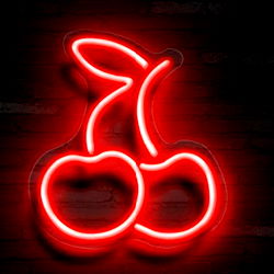 Bold Red Neon Sign with Cherry and Cherry-like Fruit
