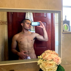 Fit, Shirtless OnlyFans Model Posing in Bathroom Mirror with Cellphone