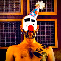 Humorous Man in Clown Mask with Tattoos and Piercings