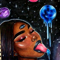 Artwork of a Woman with Colorful Cosmic Background