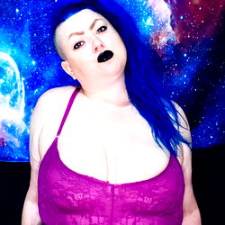 Model in Gorgeous Purple Lingerie Posing with Galactic Backdrop
