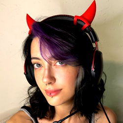 Gamer Christina with Red Horns Headphones and Devil Face Paint