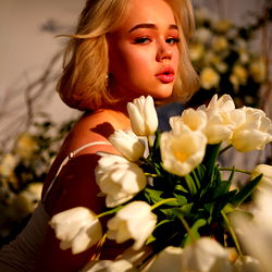 Stylized Portrait of Model Holly Moon Amidst Blossoms