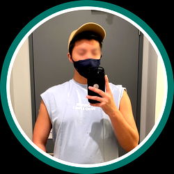 Male in a V-neck T-shirt with Face Mask, Taking Selfie in Mirror Reflection