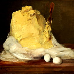 Baking Supplies: Buttered Bread and Eggs on the Table