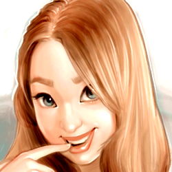 Anime-style artwork of a young woman with blue eyes, playfully posing and winking at the viewer. She has blonde hair, fair skin, and a cheerful expression.