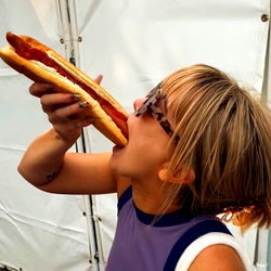 Cherry enjoying a footlong hot dog