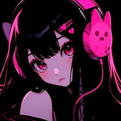 Gothic, Kawaii Style Illustration of a Female Character with Headphones and Pink Ears
