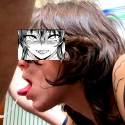 Anime-inspired model with playful expression and tattoos, showing off her neck tattoo