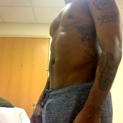 Long John, Shirtless Fitness Model in Home Gym