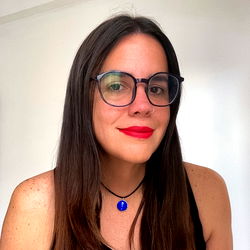Stylish Individual in Blue Glasses, Red Lipstick and Black Necklace