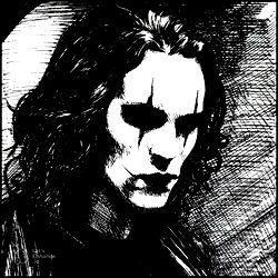 Joker-inspired illustration of a character with clown makeup and white hair, wearing black clothing with a high collar.