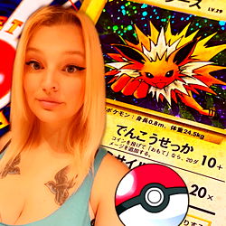Anna Mae in a Pokémon-themed background, showcasing her cosplay skills and love for the game.