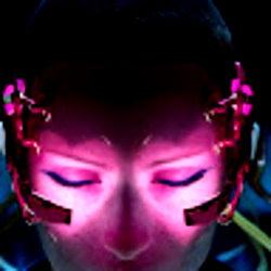 Technological Humanoid Face with Illuminated Eyes and Facial Attachments
