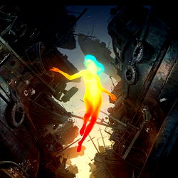 Vibrant Sci-Fi Artwork featuring a Female Character in a Dystopian Cityscape