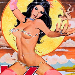 Onlyfans model BabyBel posing in a classic pinup style for an album cover, evoking a retro 1950s vibe with the text 'Heaven' and a starlette motif.