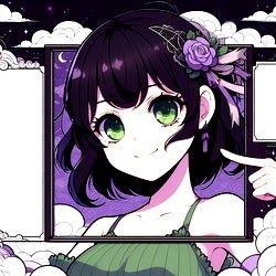 Stylish anime character with a floral headband, pointing to the camera with a confident smile.