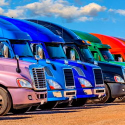 A Lineup of Vibrant Semi Trucks at a Rest Stop