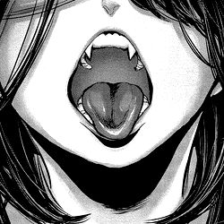 Anime-style artwork of a female character with exaggerated facial features and an open mouth, revealing fangs. The art style is characterized by bold lines and dark backgrounds.