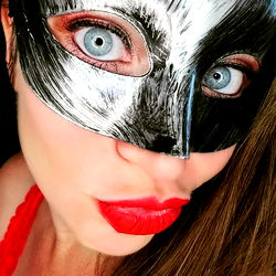 Fiesty Blue Eyes, Onlyfans Model in Black Mask with Red Lips