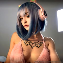 Model Dora with a futuristic aesthetic and pink fur