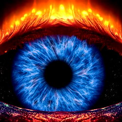 Vivid Vision: A Close-Up of a Vibrant Eye with Iridescent Blue Iris and Surrounding Flames
