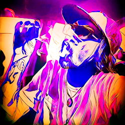 Colorful Portrait of a Man with Tattoos, Drinking from Cup