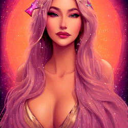 Strawberry Pixie - Artwork of a model with pink hair and vibrant clothing, set against a cosmic background.