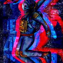 Artwork featuring a digital artist with a retro sci-fi vibe