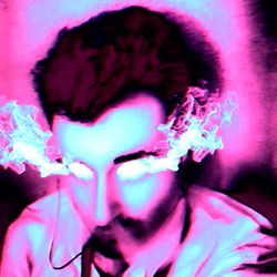 Vaporwave-inspired portrait of a man with a purple hue