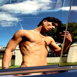 OnlyFans Model Sexy Twunk Poses Shirtless in Car Mirror
