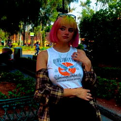 Vividly Colored Street Model with Pink Hair in Checkered Shirt