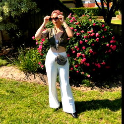 Perth Model Nika Posing in Flared Pants and Sunglasses