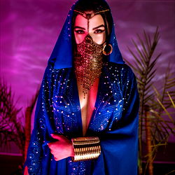 Stunning Sandra Cliff Model in Blue Dress with Hood and Cage Design