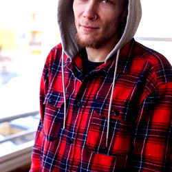 Emo Guy with Hoodie and Beard in Red Plaid Jacket