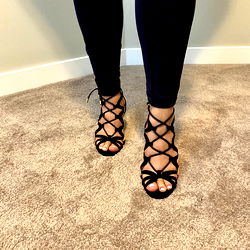 Chloe's Stylish Pose in Black Sandals on Carpet