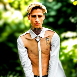 Archi Stewart, a model posing in a shirtless and sunglasses look, captured in the great outdoors.